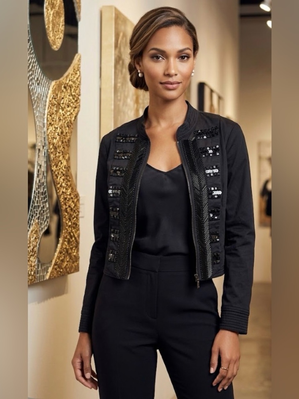 Bebe Black Embellished Military-Style Jacket